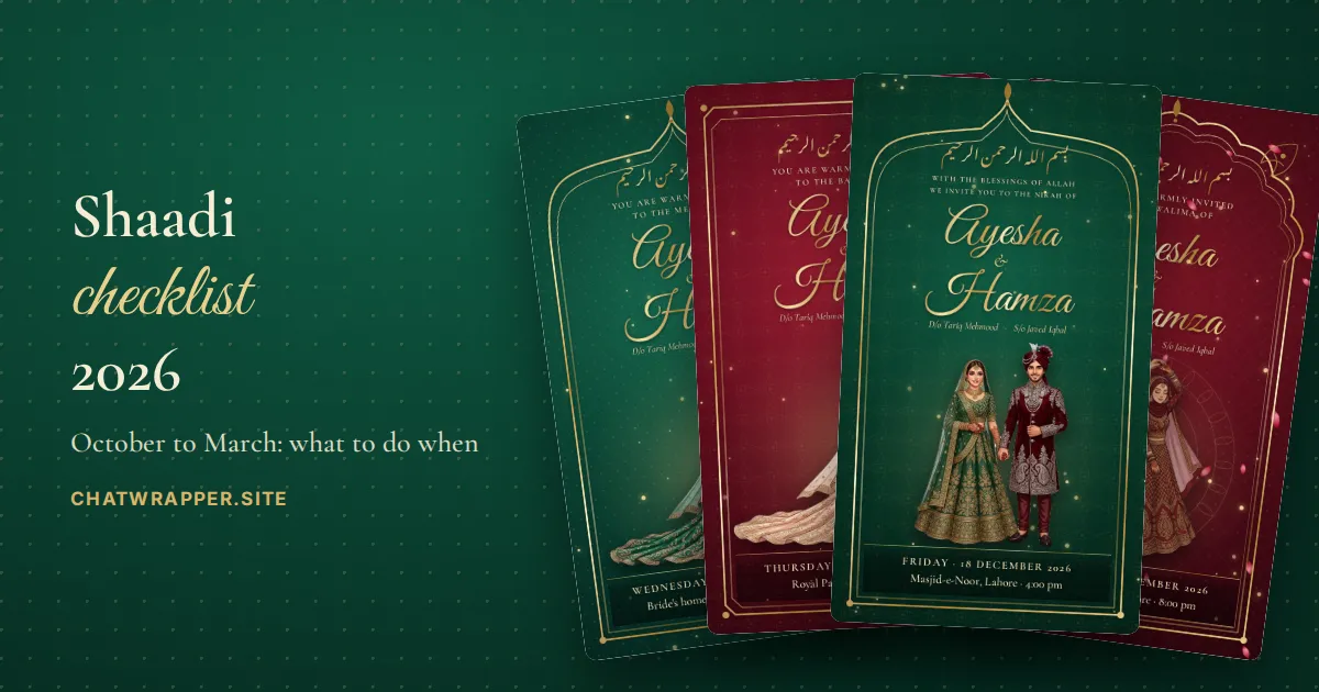 A full set of mehndi, barat, nikah and walima cards in emerald and maroon