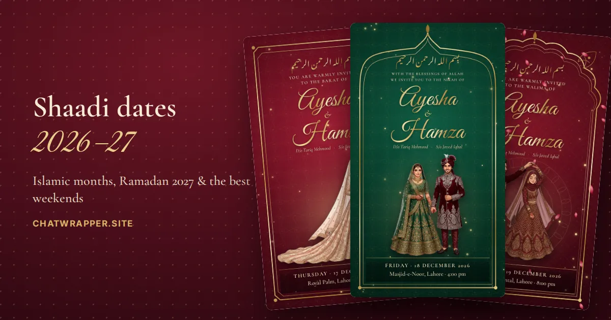 Shaadi dates 2026–27: wedding cards in emerald and maroon with December dates