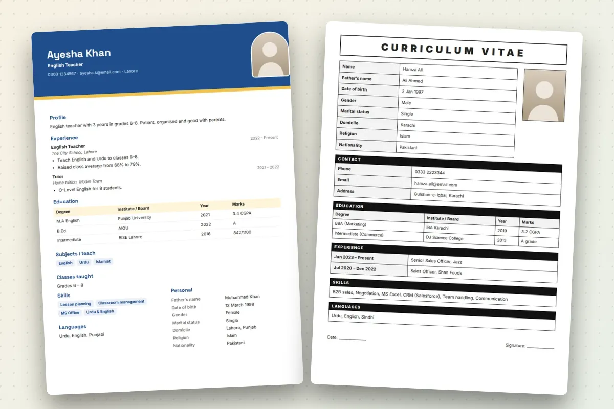 A teacher CV and a teacher biodata made on ChatWrapper for school teaching applications