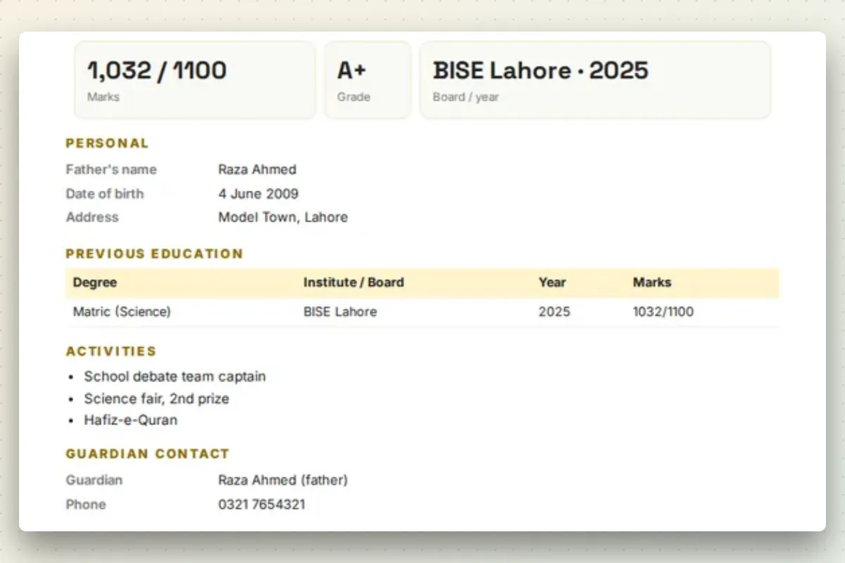 A student biodata with an education table showing board, year and marks