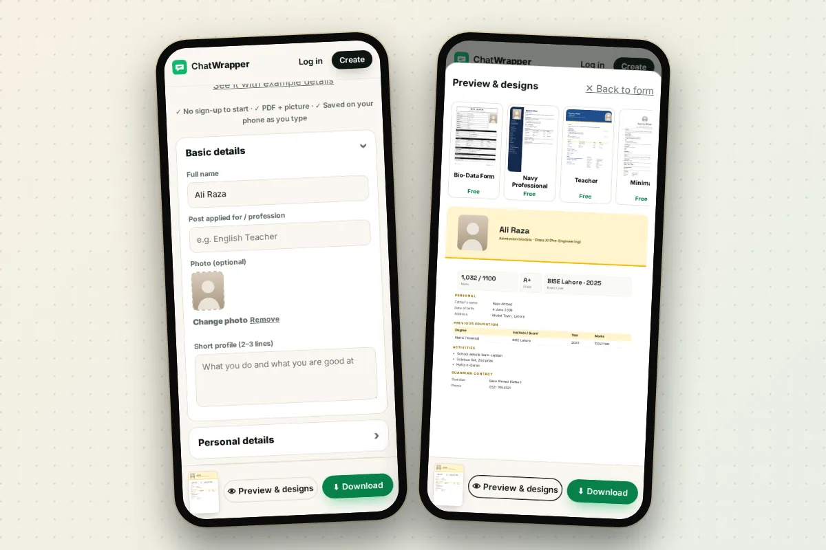 Making a student biodata on a phone with a live preview