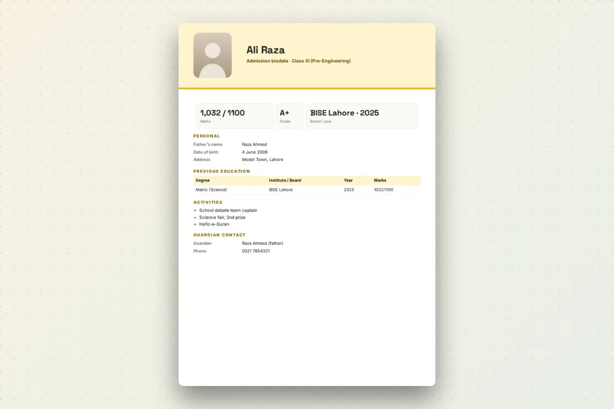 A student biodata for admission with marks, board, B-Form number and guardian contact