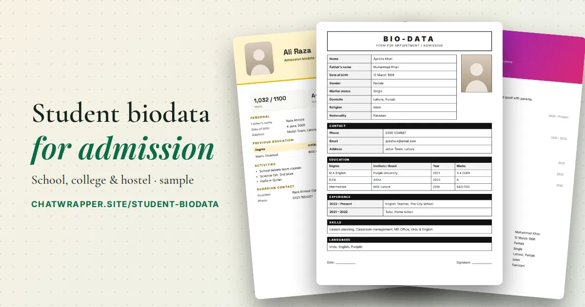 Student biodata designs for school and college admission
