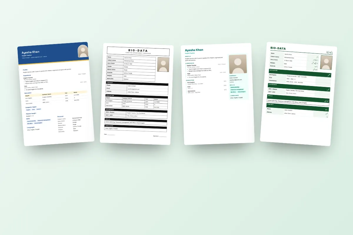 A ChatWrapper Teacher biodata design showing subjects, classes taught, B.Ed qualification and teaching experience