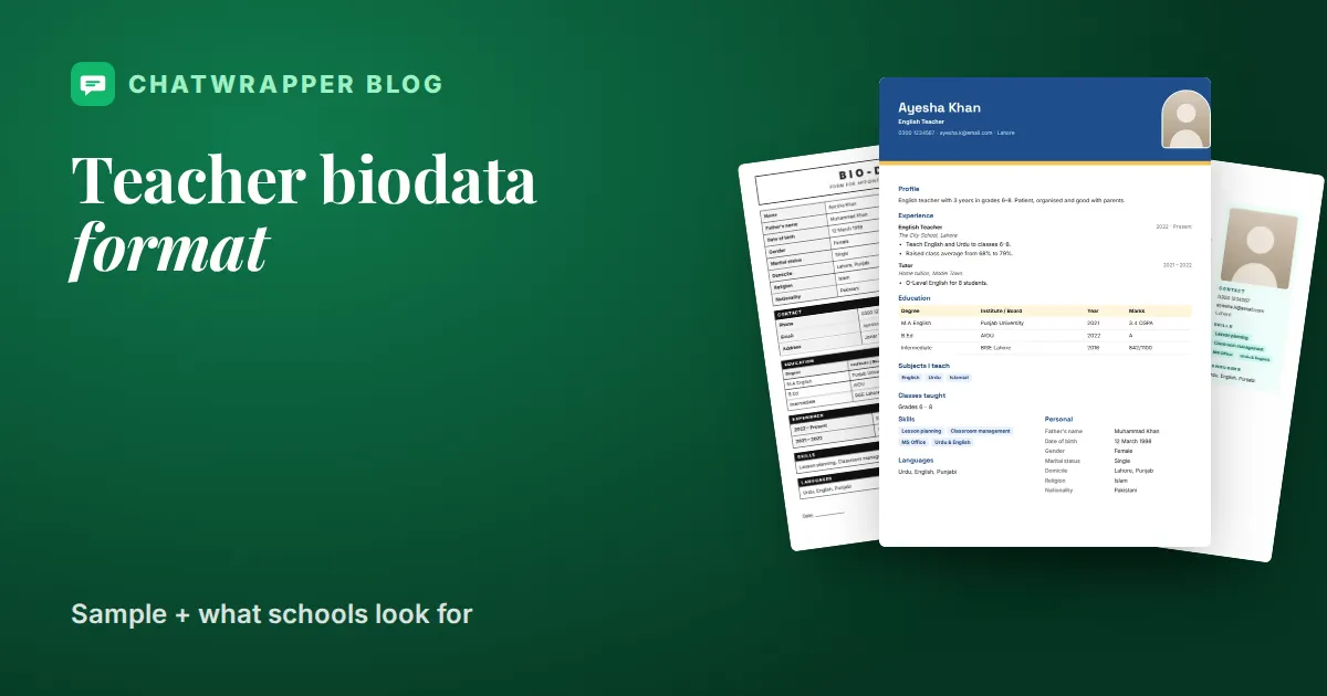 Three ChatWrapper teacher biodata format designs: Teacher, Bio-Data Form and Navy Professional