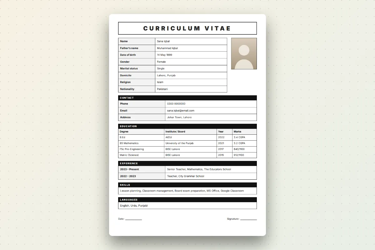 A government-style CV for a teaching post with father's name, domicile and an education table