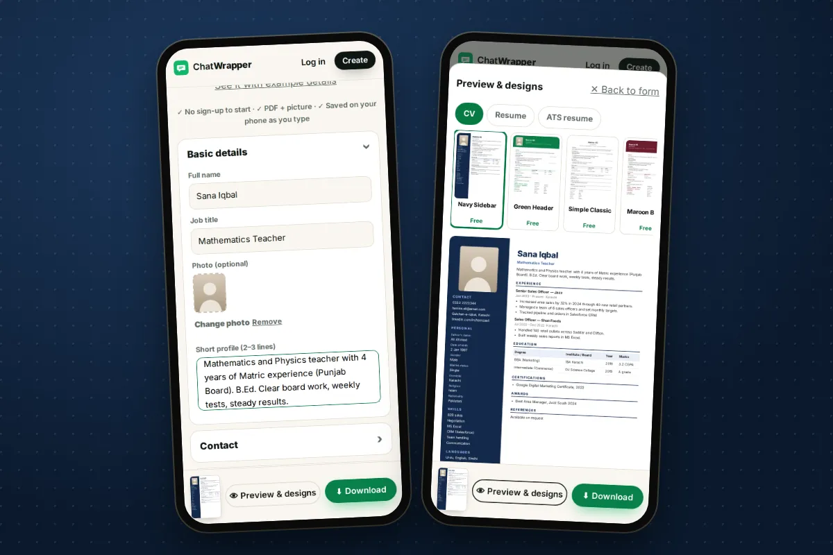Making a teacher CV on a phone and downloading it as a PDF