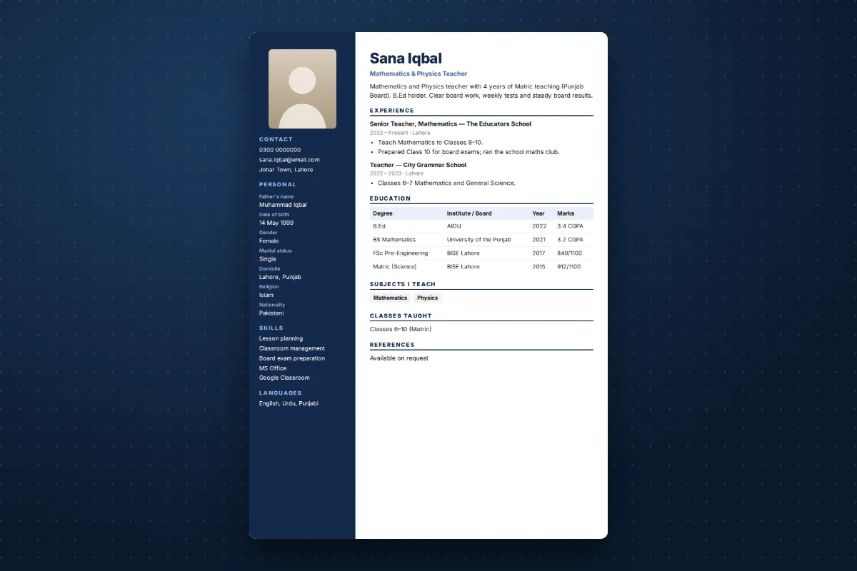 A teacher CV with a profile, subjects, teaching experience and an education table