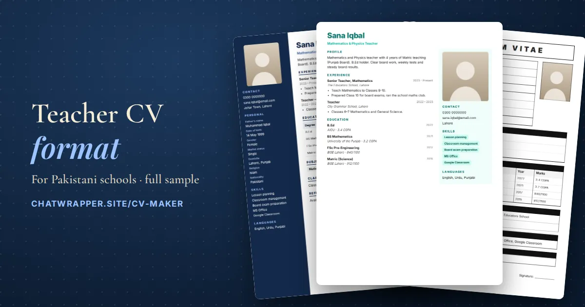Three teacher CV formats for Pakistani schools made on ChatWrapper