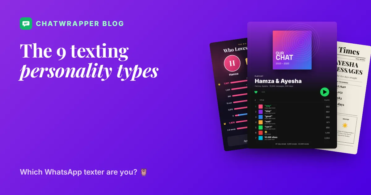 Texting personality types: Playlist, Who Loves Who More and The Chat Times posters made from WhatsApp chats