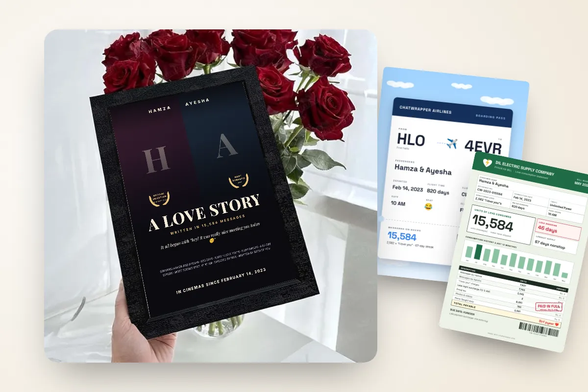 A framed Movie Poster style print of a couple's WhatsApp love story