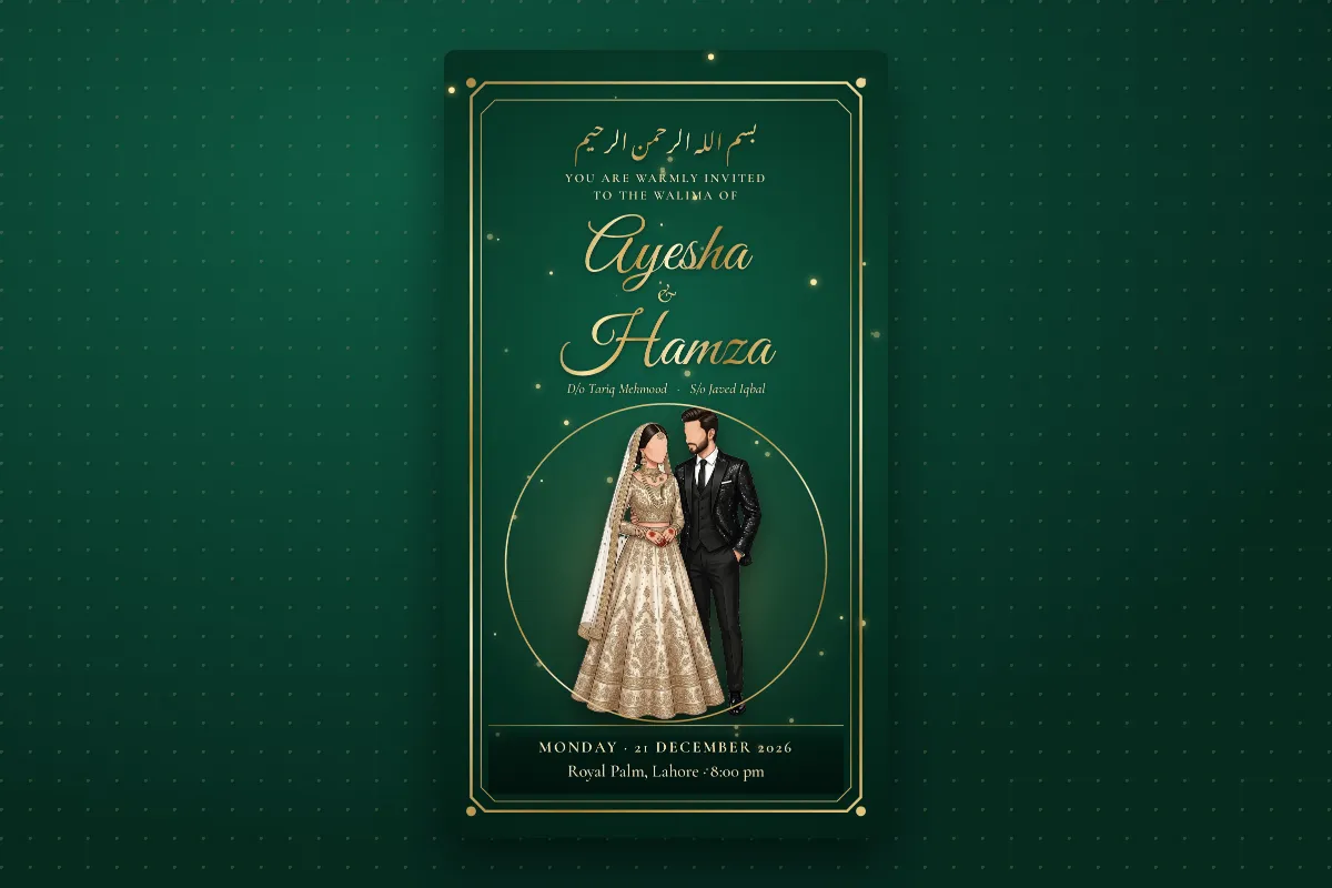 An emerald walima card in English with the couple's names in gold script, the date, dinner time and venue