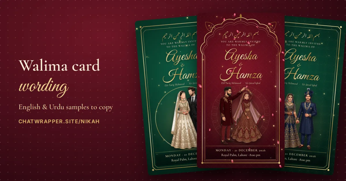 Three walima invitation cards in emerald and maroon with gold frames and illustrated couples