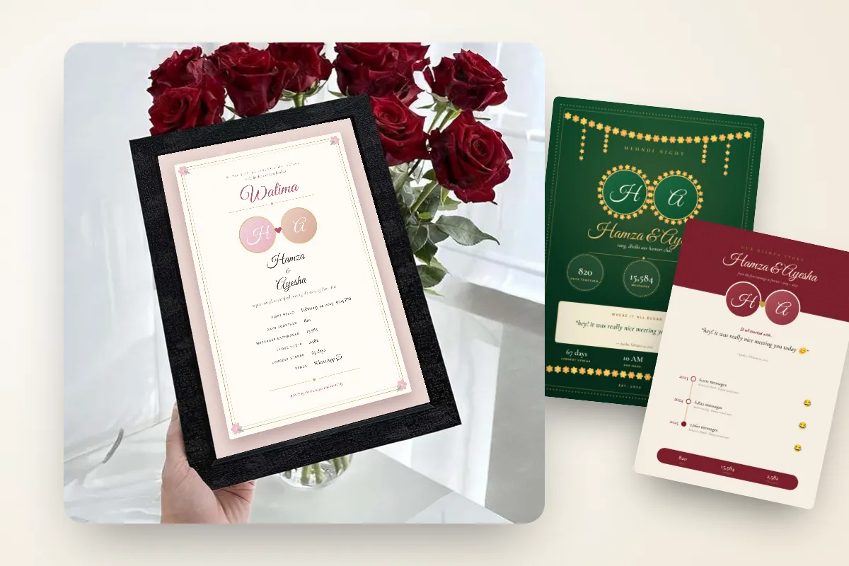 A framed Walima Card poster held in a hand, showing the couple's names and their WhatsApp chat story