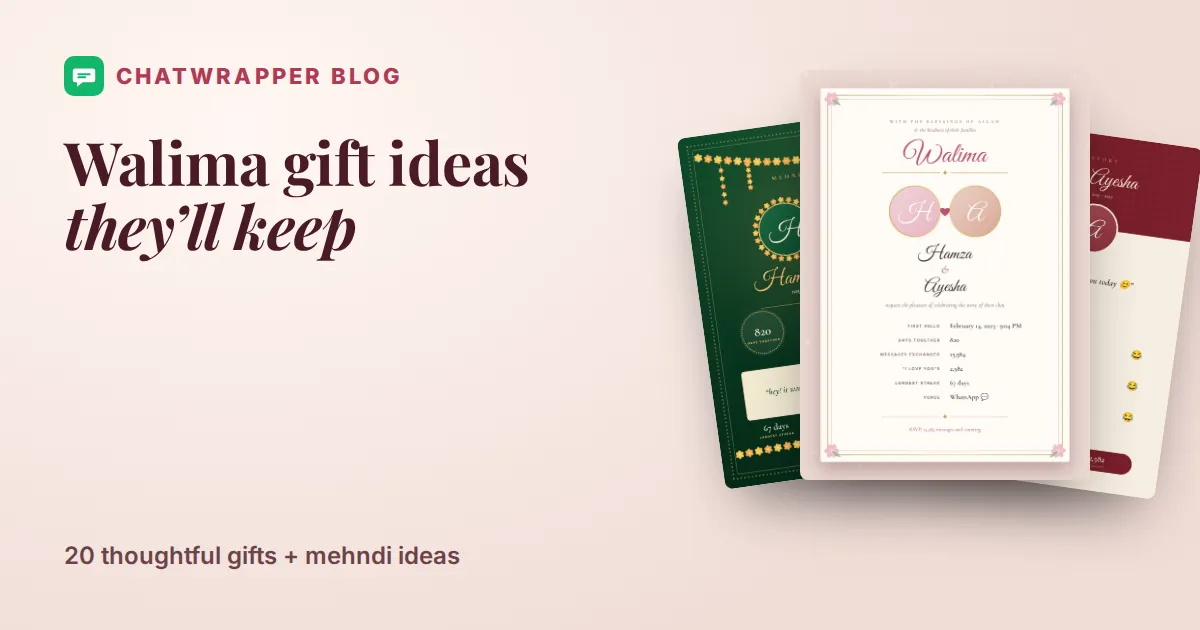 Walima gift ideas: Walima Card, Mehndi Night and Our Rishta Story posters made from a couple's WhatsApp chat
