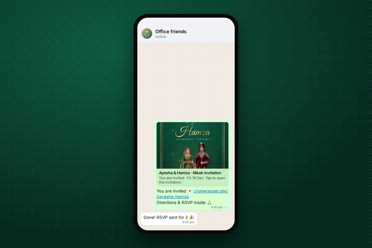 An invitation website link shared on WhatsApp with its preview and an RSVP message