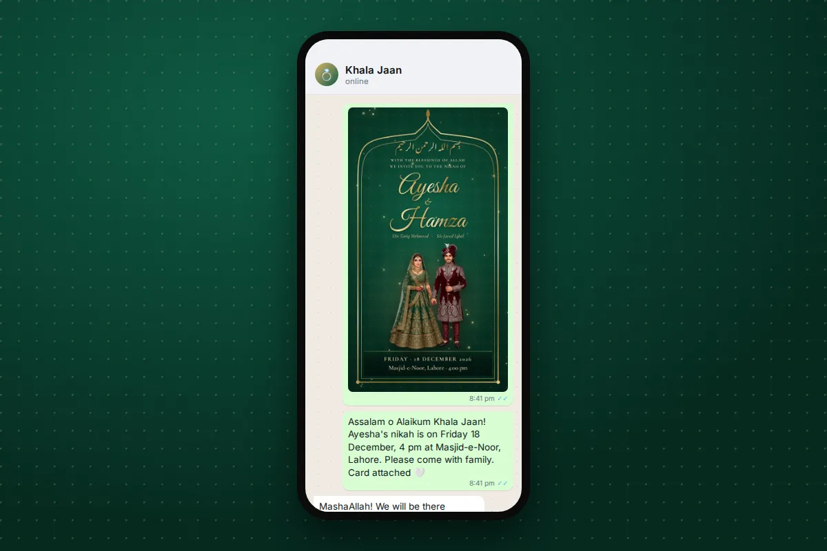 A WhatsApp chat showing a nikah card picture and an invitation message in English