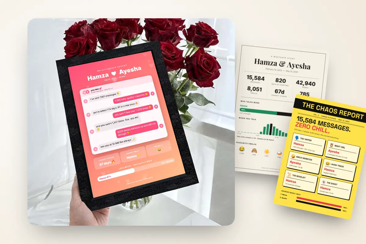 A framed WhatsApp chat poster with relationship stats held in a hand