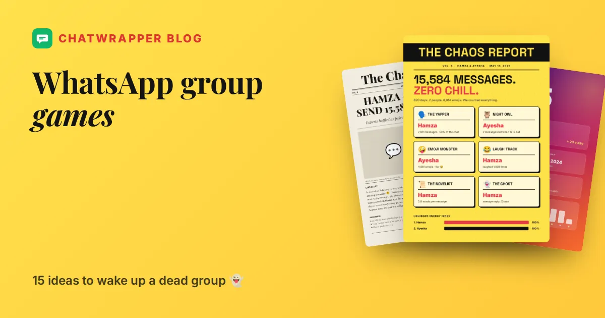 WhatsApp group games: The Chaos Report, The Chat Times and Year in Review posters made from a group chat
