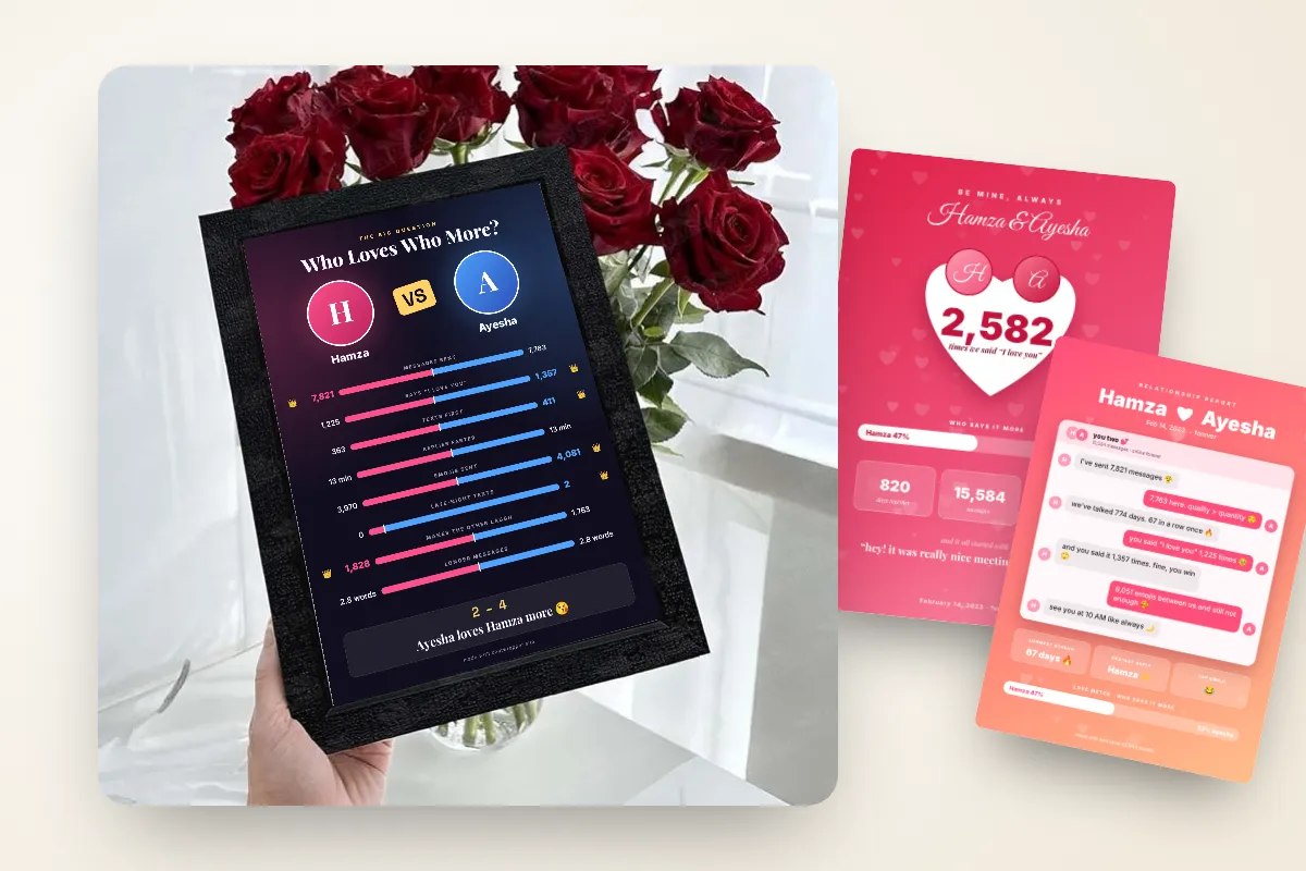 A framed Who Loves Who More poster showing a couple's head-to-head WhatsApp chat stats
