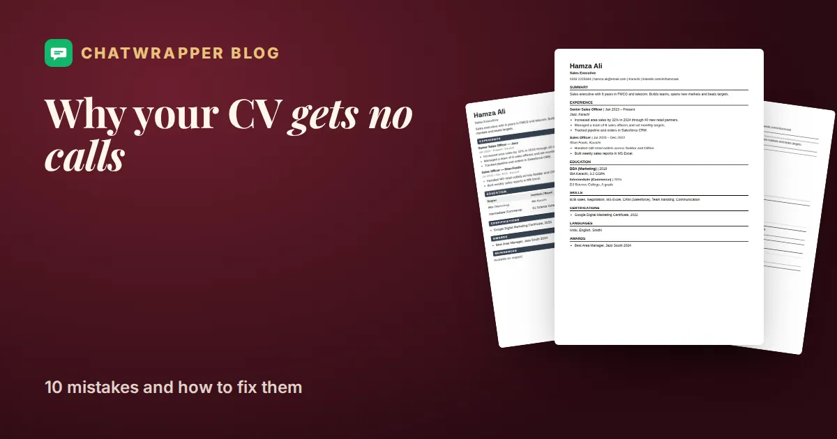 ChatWrapper ATS resume checker flagging common CV mistakes such as a scanned PDF, two columns and missing keywords
