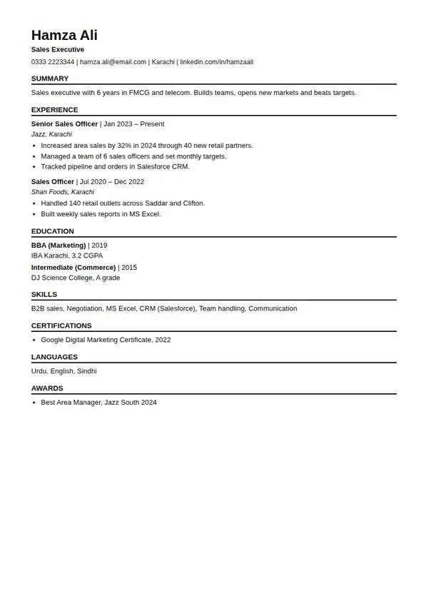 Left Header ats resume template (free PDF and Word)