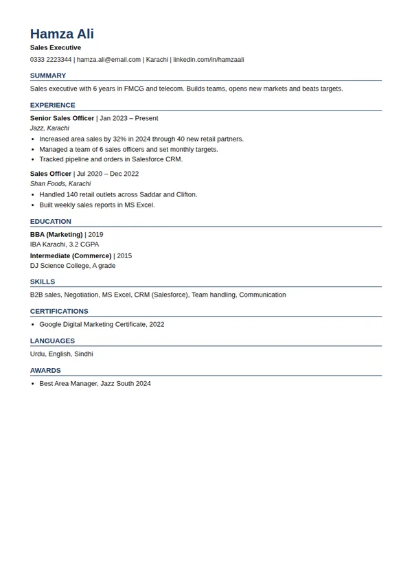 Navy Headings ats resume template (free PDF and Word)