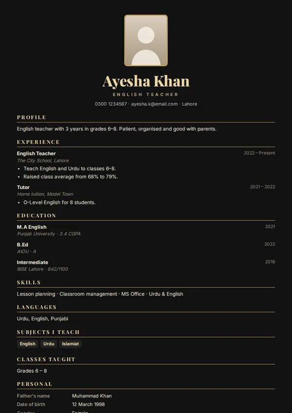 Executive Black biodata template (free PDF)