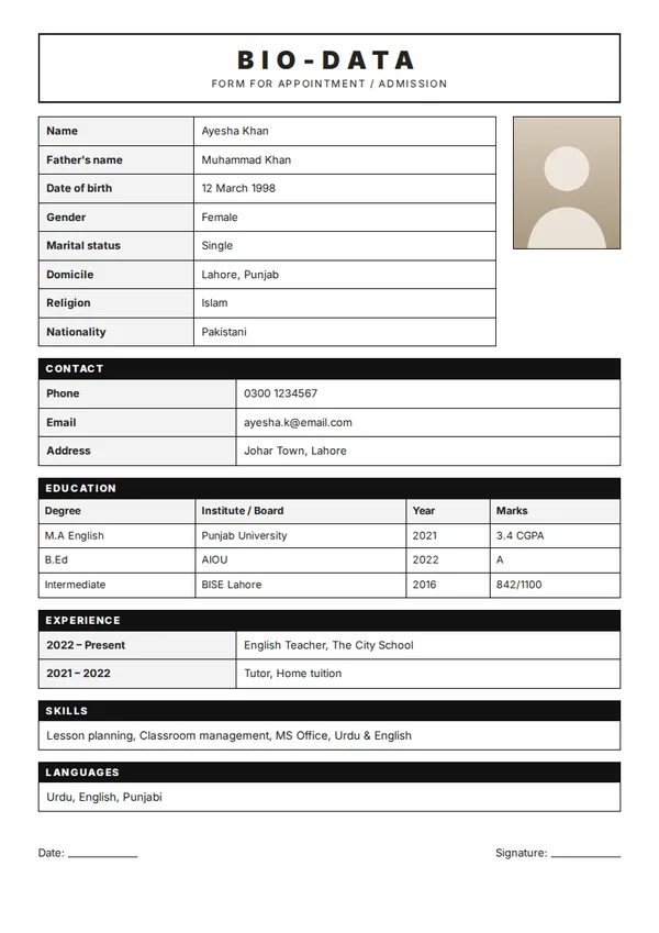 Bio-Data Form biodata template (free PDF)