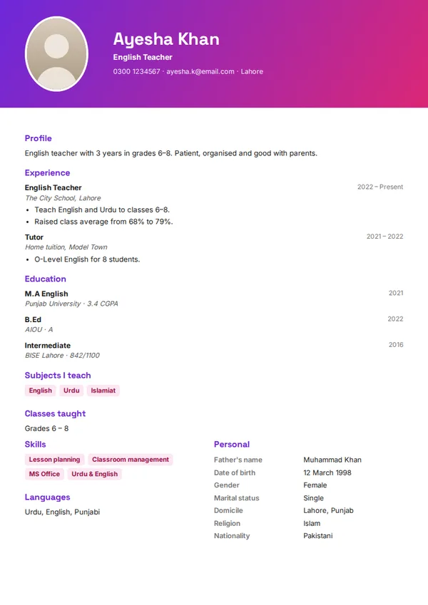 Fresh Graduate biodata template (free PDF)