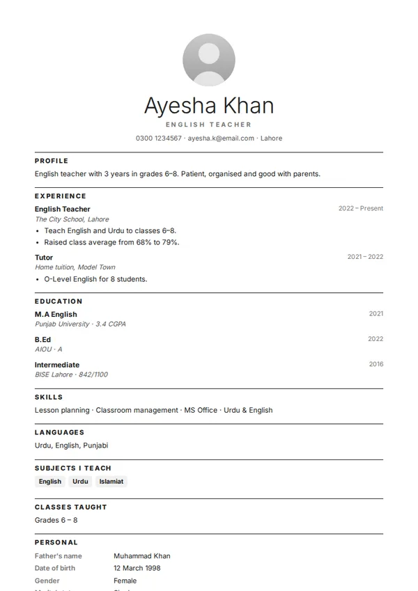 Minimal biodata template (free PDF)