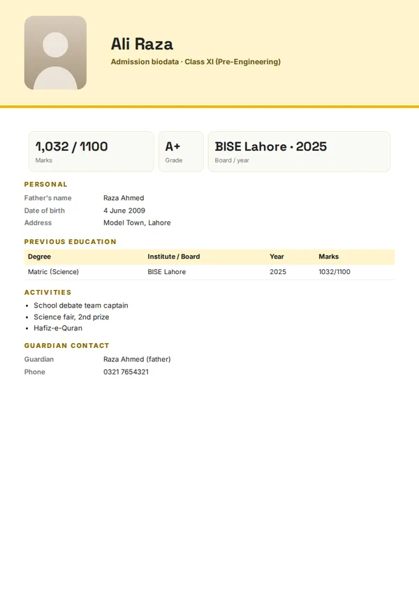 Student / Admission biodata template (free PDF)