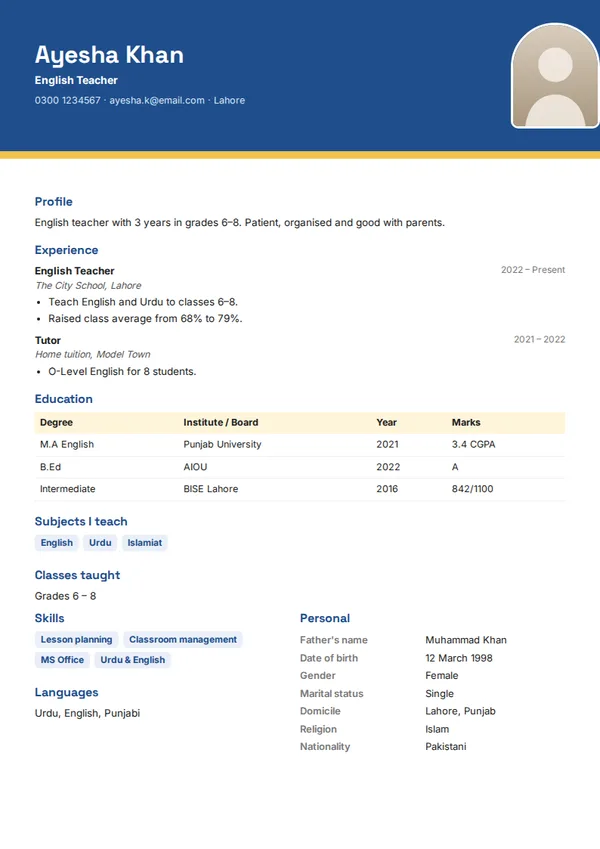 Teacher biodata template (free PDF)