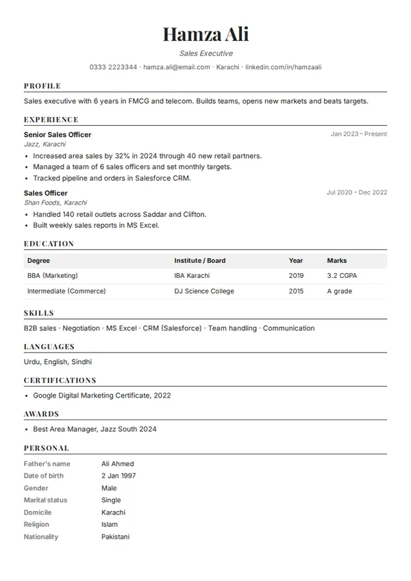 Simple Classic cv template (free PDF)