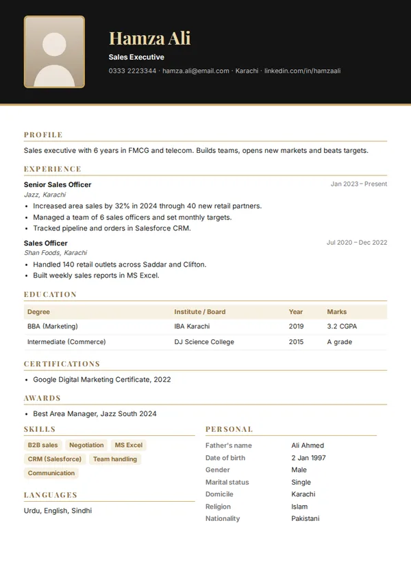 Gold Executive cv template (free PDF)