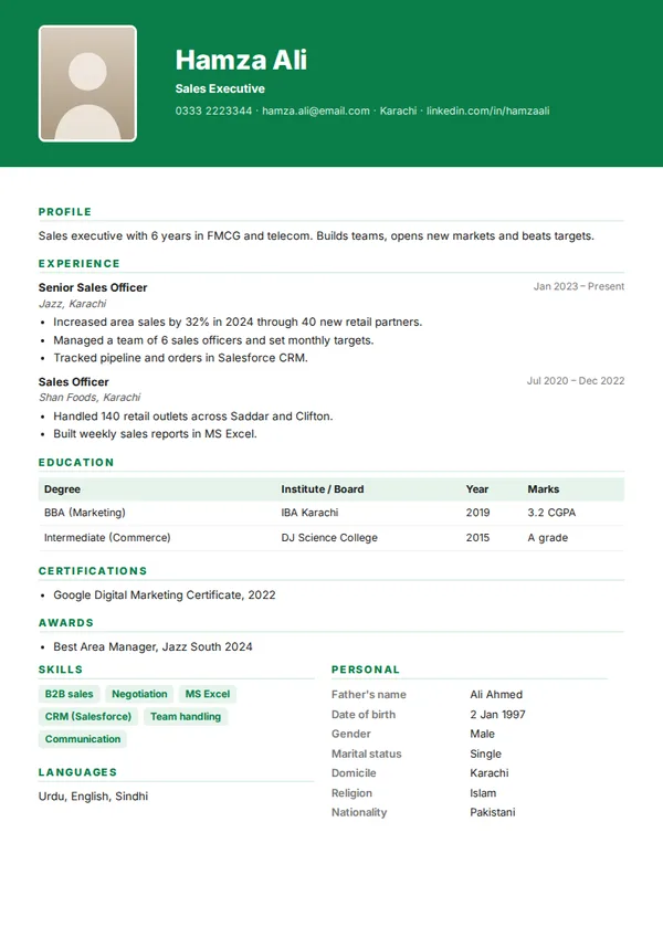 Green Header cv template (free PDF)