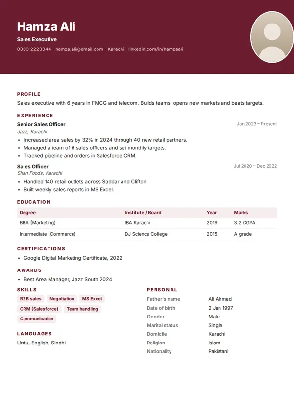 Maroon Band cv template (free PDF)
