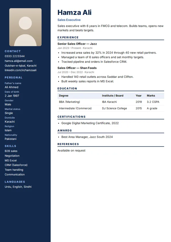 Navy Sidebar cv template (free PDF)