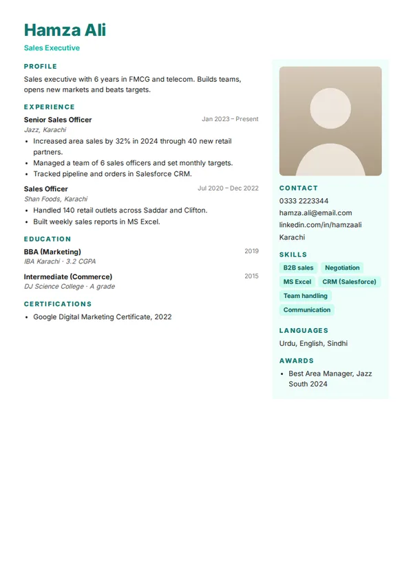 Teal Two-Column cv template (free PDF)