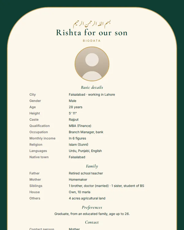 Emerald Arch rishta biodata template (marriage biodata format)