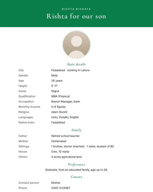 Modern Green rishta biodata template (marriage biodata format)