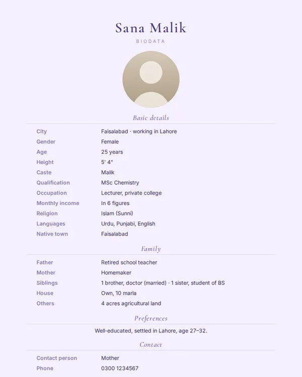 Lilac rishta biodata template (marriage biodata format)
