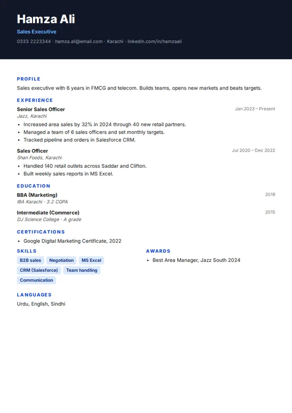 Dark Header resume template (free PDF)