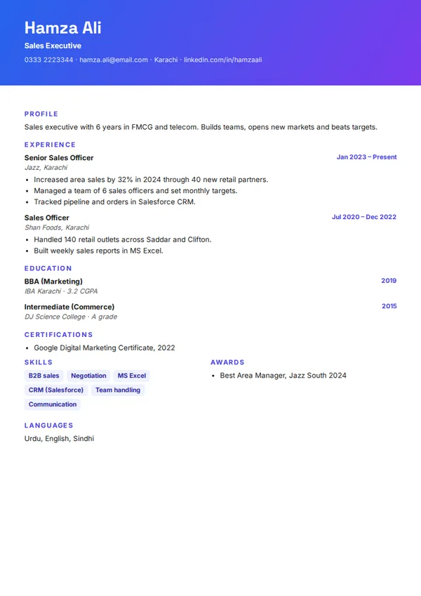 Gradient Top resume template (free PDF)