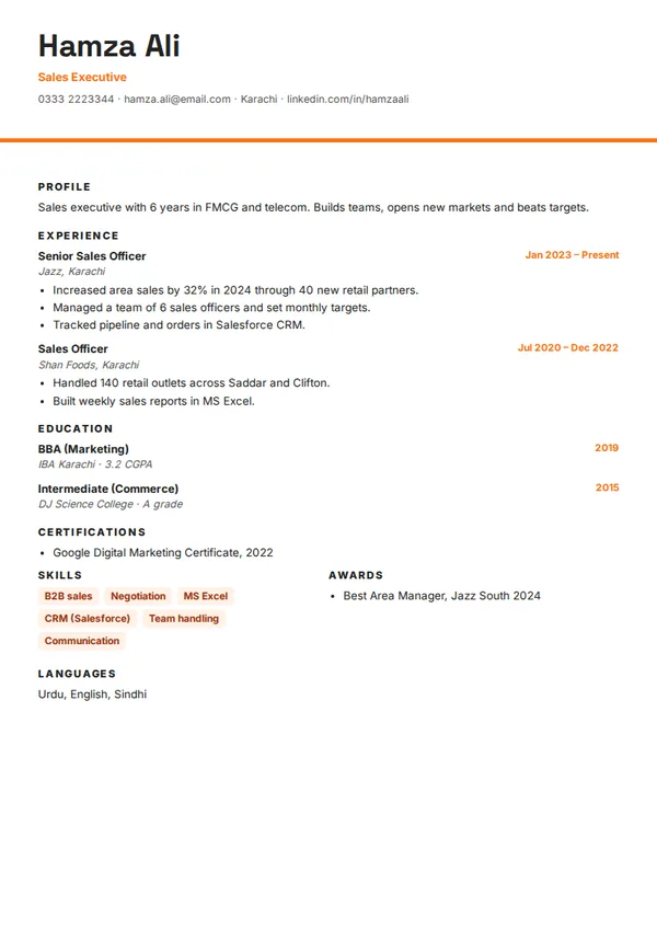 Orange Line resume template (free PDF)