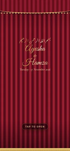 Velvet curtains opening scene of a nikah invitation website